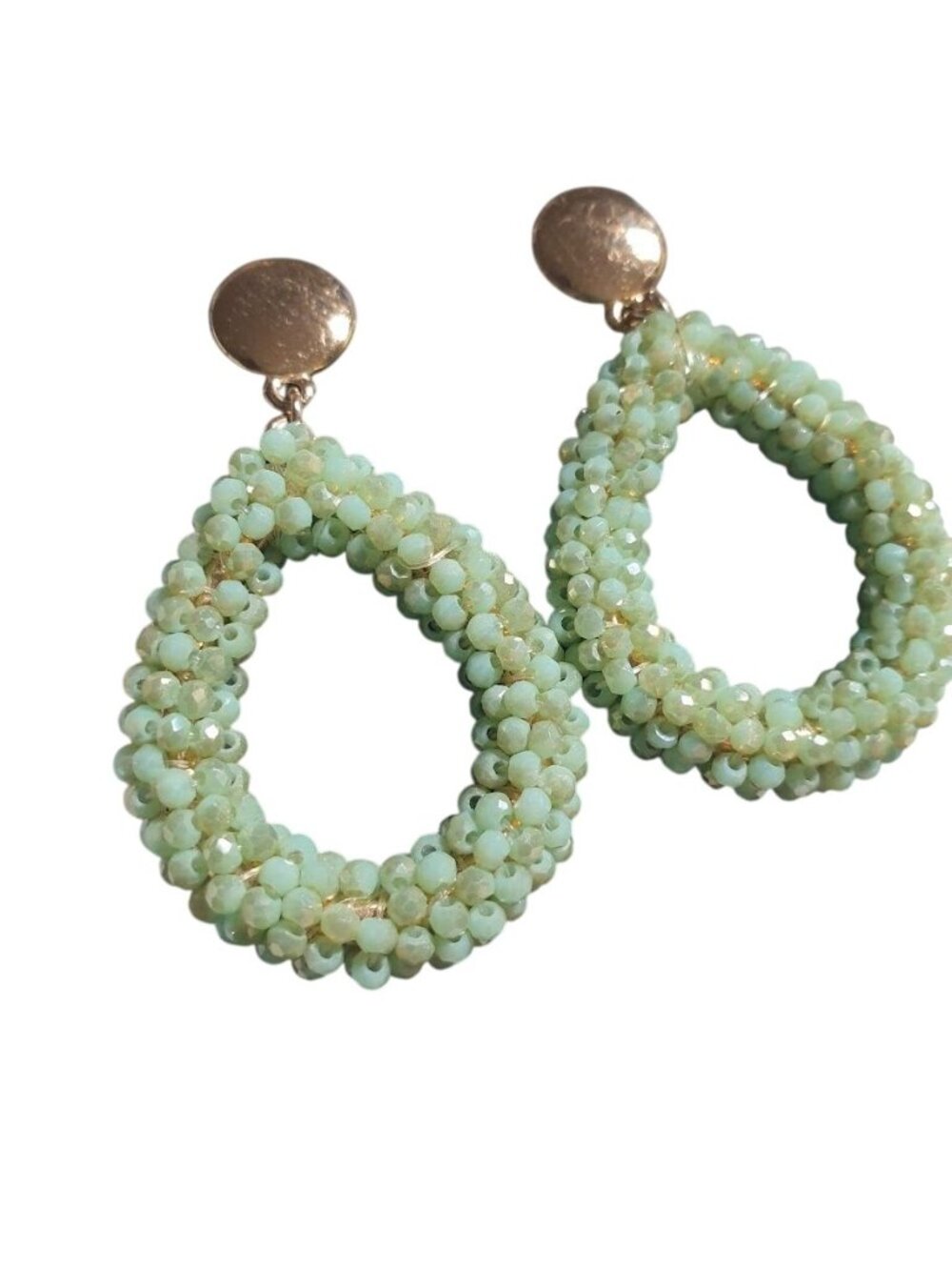 Beaded Teardrop Earrings Mint Green Gold Accents Stud Back Boho Beach Core Gift